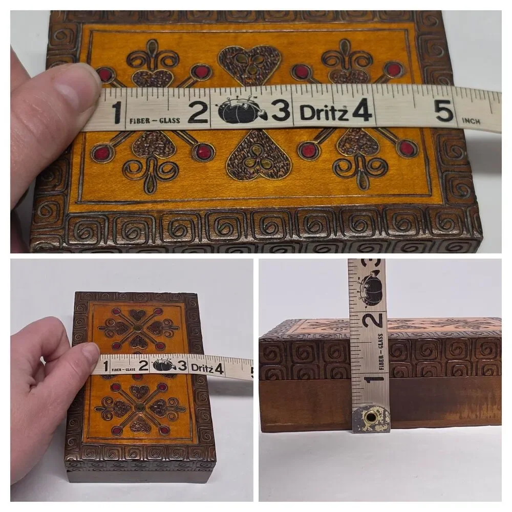 VTG Polish Wooden Trinket Box Handmade Pyrography Inlayed Brass Folk Art Hearts